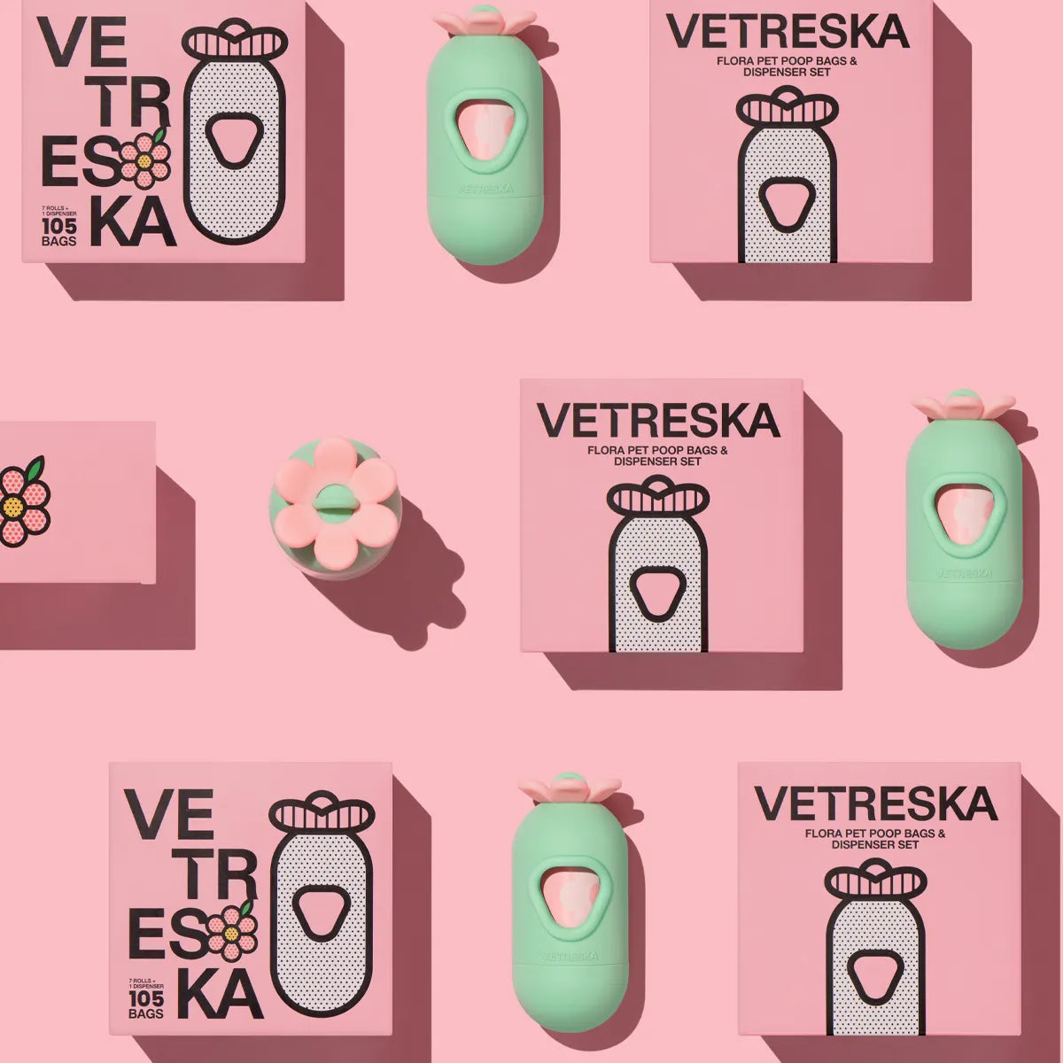 Vetreska - Flora Pet Poop Bag Dispenser Set (1 Dispenser & 7 Rolls)