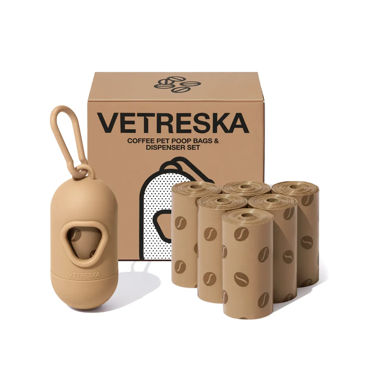 Vetreska - 咖啡味寵物便便袋及分配器套裝 (1個分配器 + 7卷便便袋)
