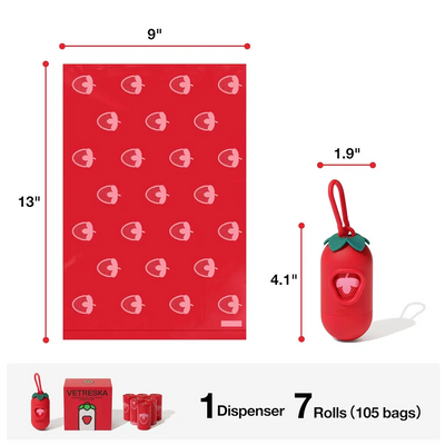 Vetreska - Strawberry Pet Poop Bags & Dispenser Set (1 Dispenser + 7 Rolls)